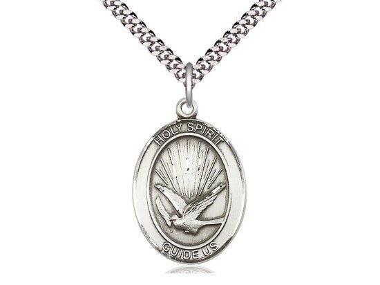 Sterling Silver Holy Spirit Pendant on a 24 inch Light Rhodium Heavy Curb Chain.