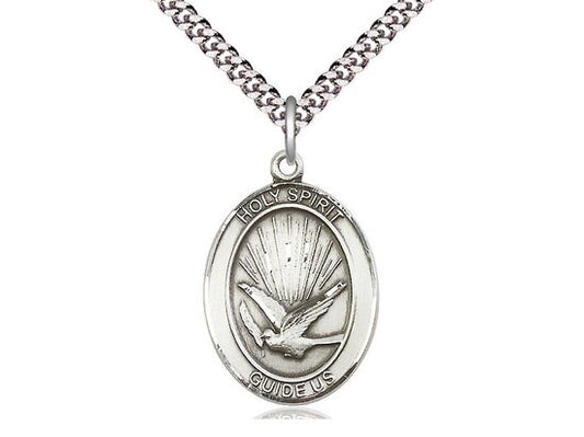 Sterling Silver Holy Spirit Pendant on a 24 inch Light Rhodium Heavy Curb Chain.