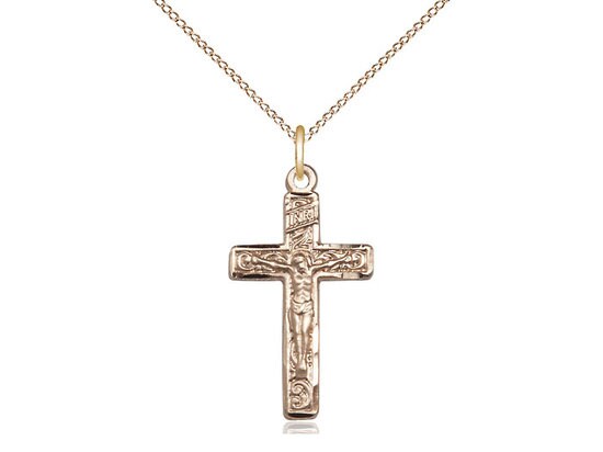 Gold Crucifix Pendant on a 18 inch Gold Filled Light Curb Chain.