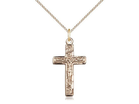 Gold Crucifix Pendant on a 18 inch Gold Filled Light Curb Chain.